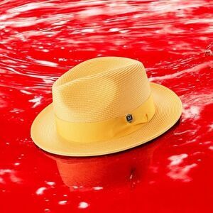 MONTIQUE MENS GOLD WIDE BRIM PINCH FEDORA HAT W/ MATCHING GROSGRAIN RIBBON H42